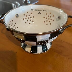 MacKenzie-Childs Black and White Check Ceramic Colander with Silver Trim
